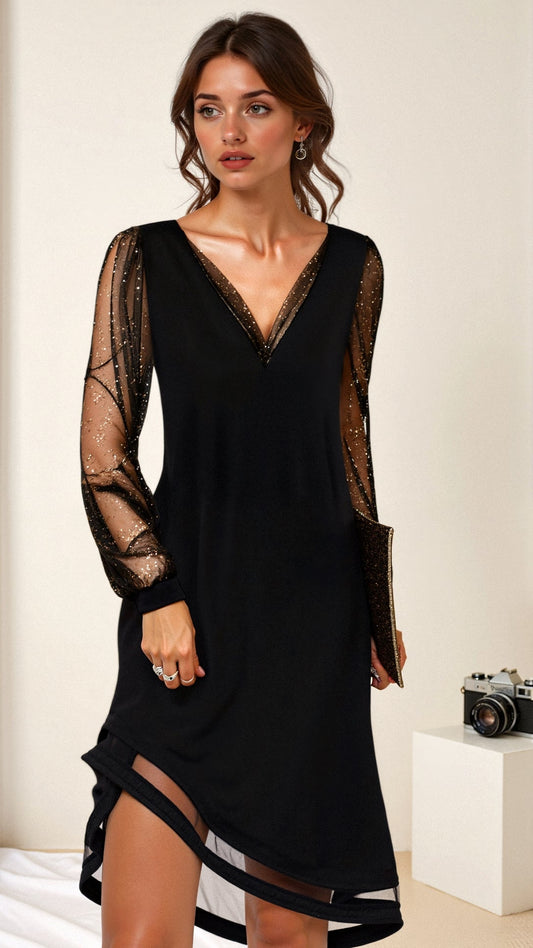 Women's Long Dress | Glamorous Sequin & Sheer Sleeve Evening Wear