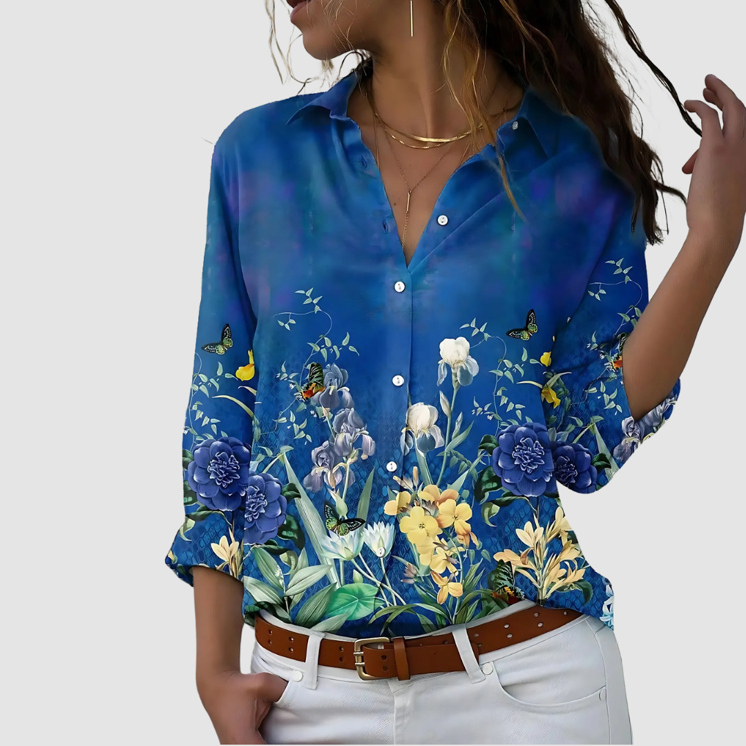 Women's Long Sleeve Blouse | Botanical Print & V-Neck