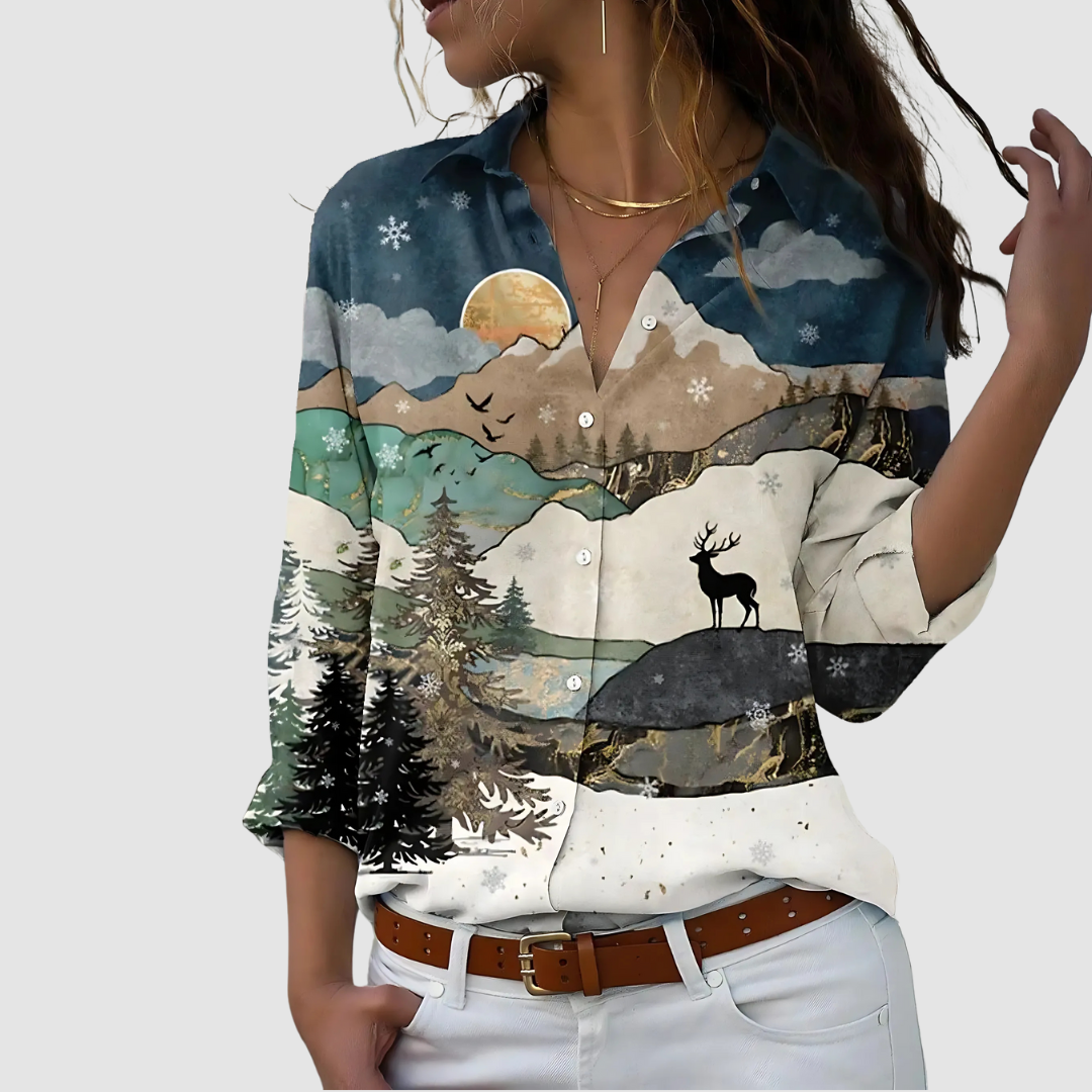 Women's Long Sleeve Blouse | Botanical Print & V-Neck