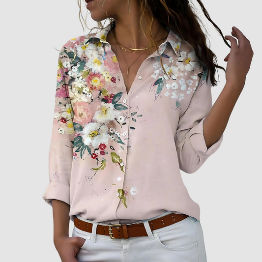 Women's Long Sleeve Blouse | Botanical Print & V-Neck