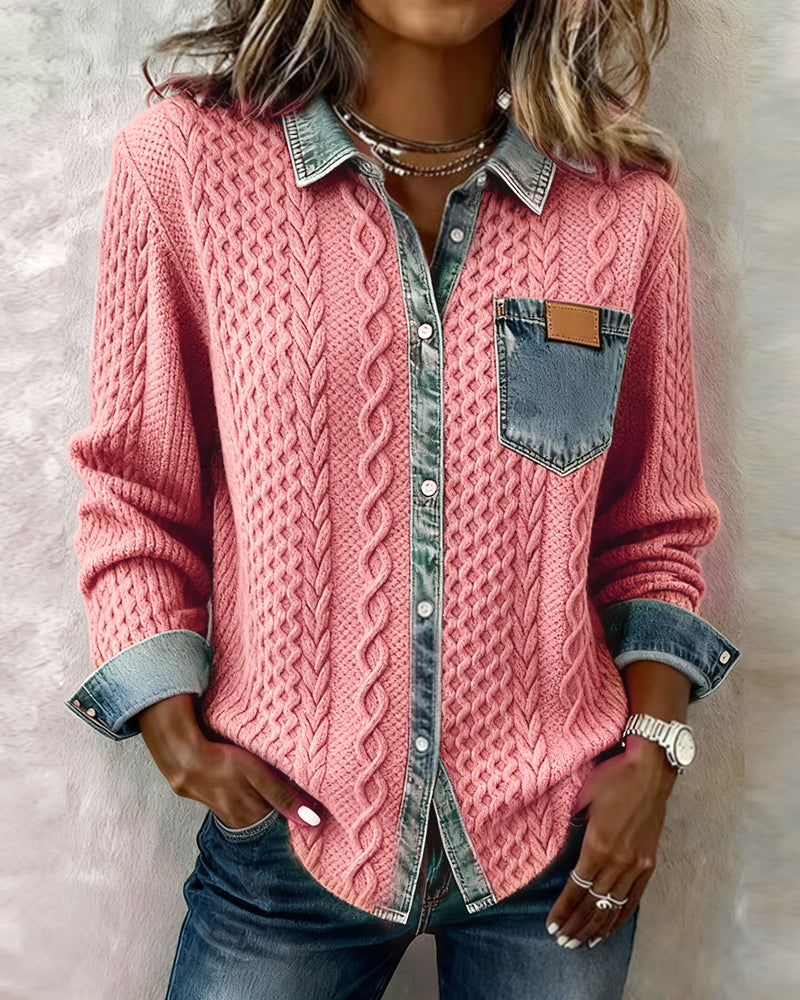 Women's Long Sleeve Blouse | Cable Knit & Contrast Trim