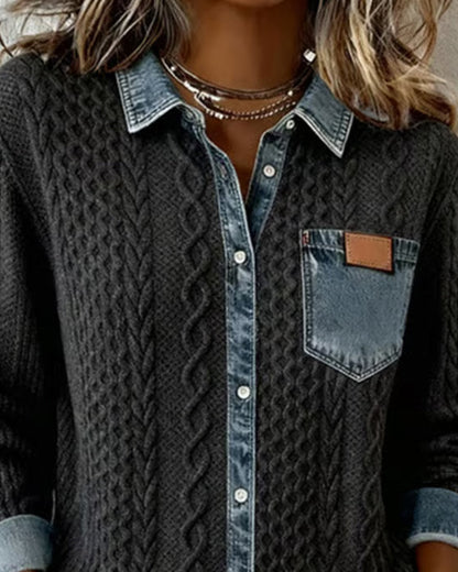 Women's Long Sleeve Blouse | Cable Knit & Contrast Trim