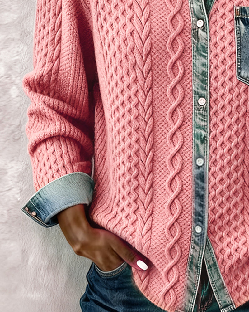 Women's Long Sleeve Blouse | Cable Knit & Contrast Trim