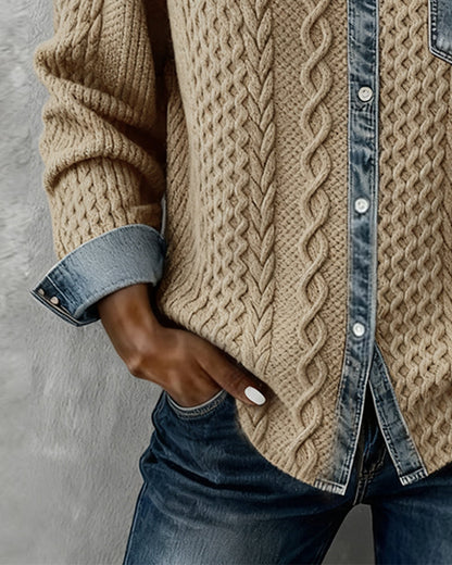 Women's Long Sleeve Blouse | Cable Knit & Contrast Trim