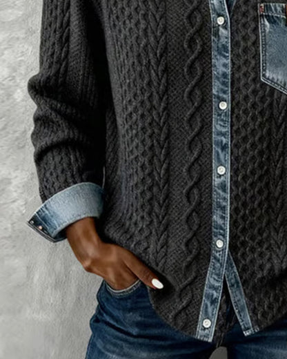 Women's Long Sleeve Blouse | Cable Knit & Contrast Trim