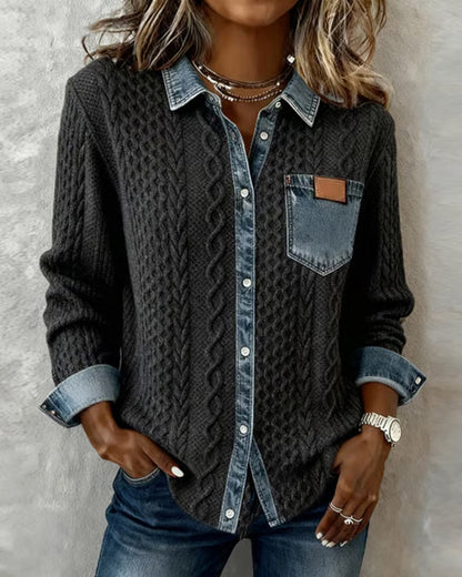 Women's Long Sleeve Blouse | Cable Knit & Contrast Trim