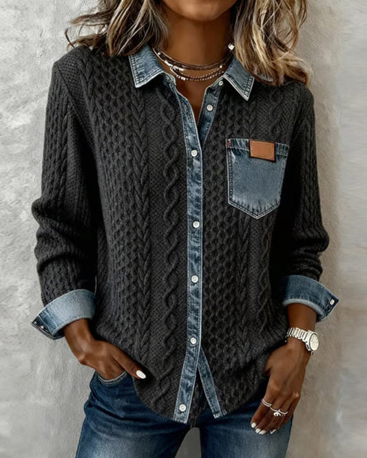 Women's Long Sleeve Blouse | Cable Knit & Contrast Trim