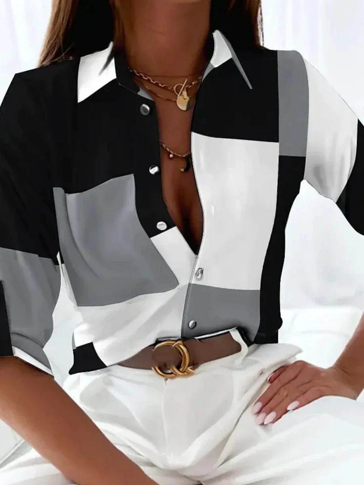 Women's Long Sleeve Blouse | Colour Block Button-Down