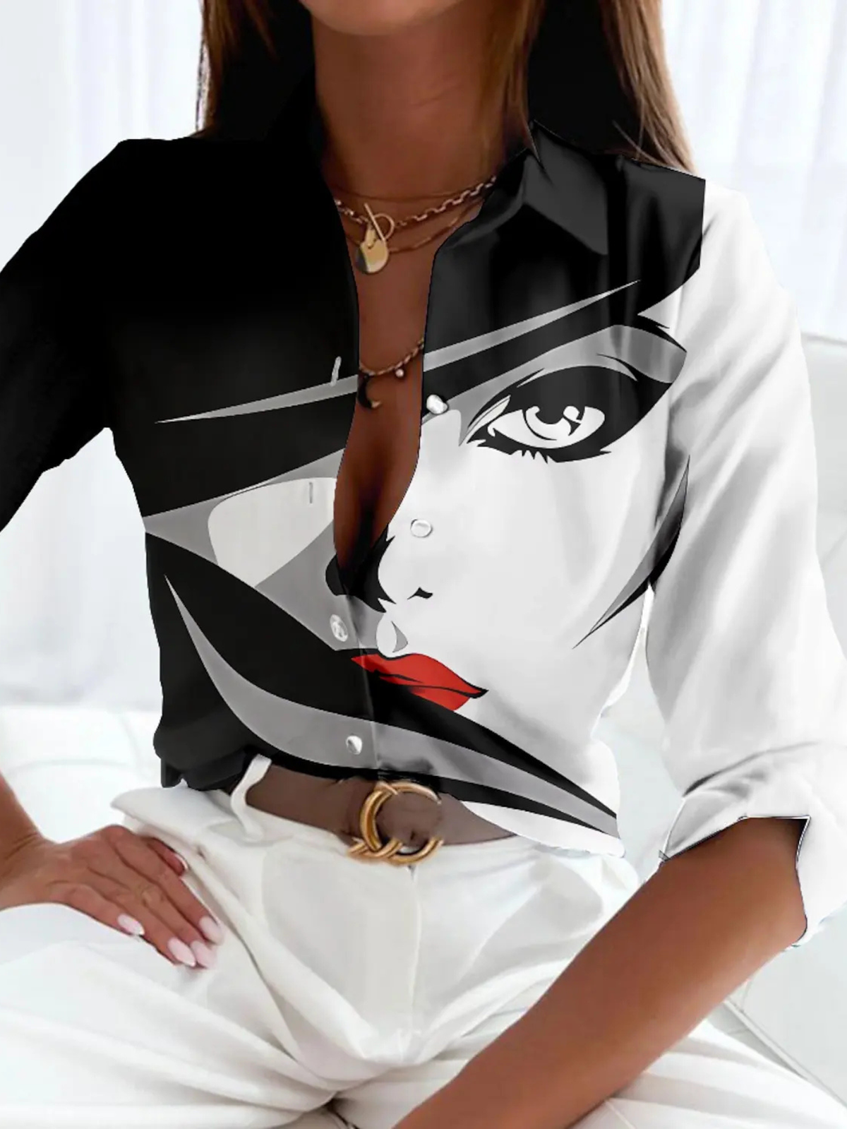 Women's Long Sleeve Blouse | Colour Block Button-Down