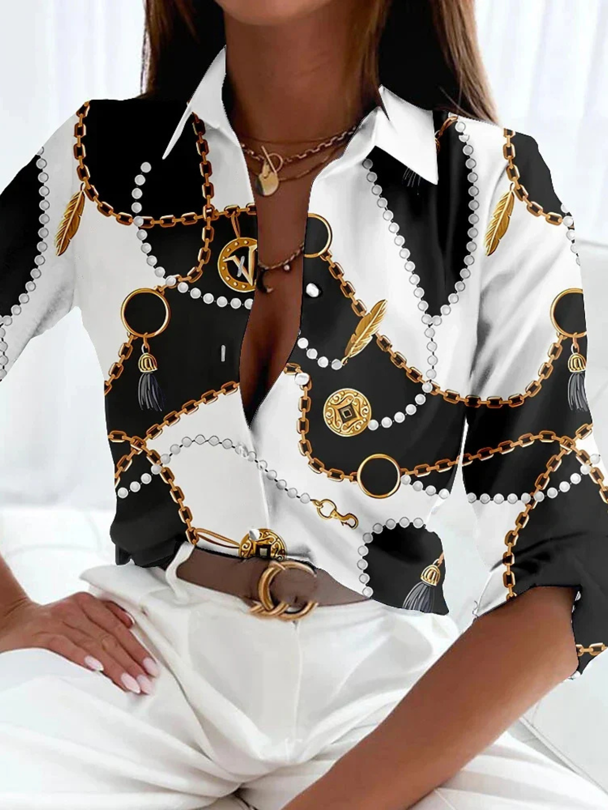 Women's Long Sleeve Blouse | Colour Block Button-Down