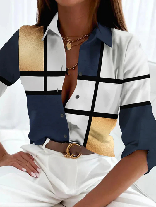 Women's Long Sleeve Blouse | Colour Block Button-Down