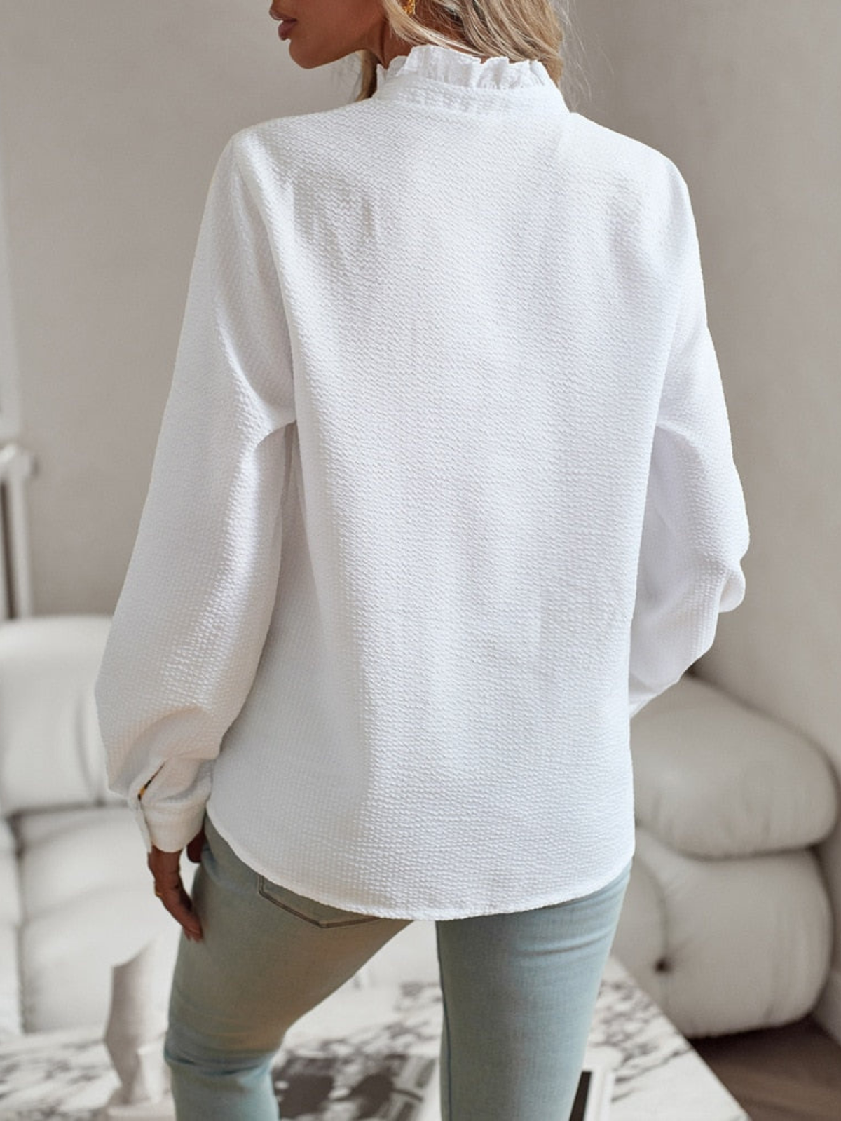 Women's Long Sleeve Blouse | Ruffle Front Button