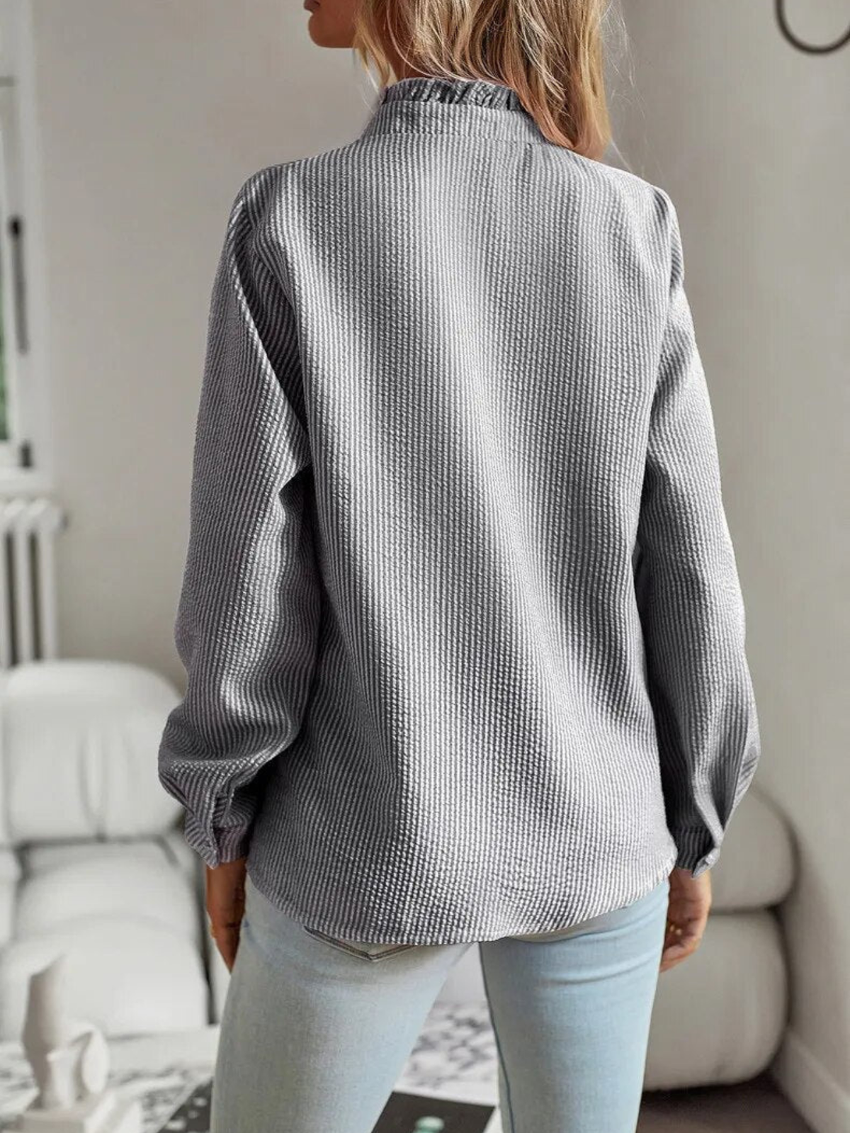 Women's Long Sleeve Blouse | Ruffle Front Button