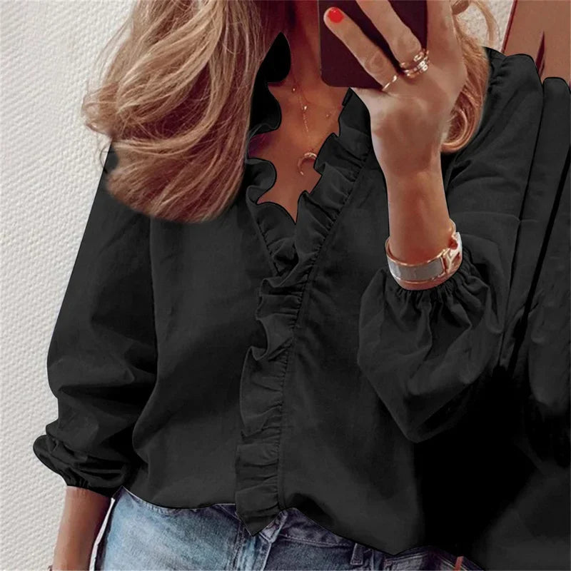Women's Long Sleeve Blouse | Ruffle Trim & V-Neck
