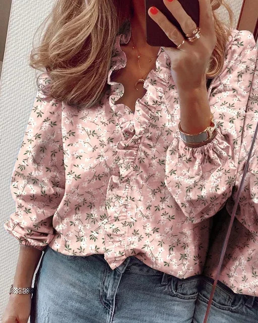 Women's Long Sleeve Blouse | Ruffle Trim & V-Neck