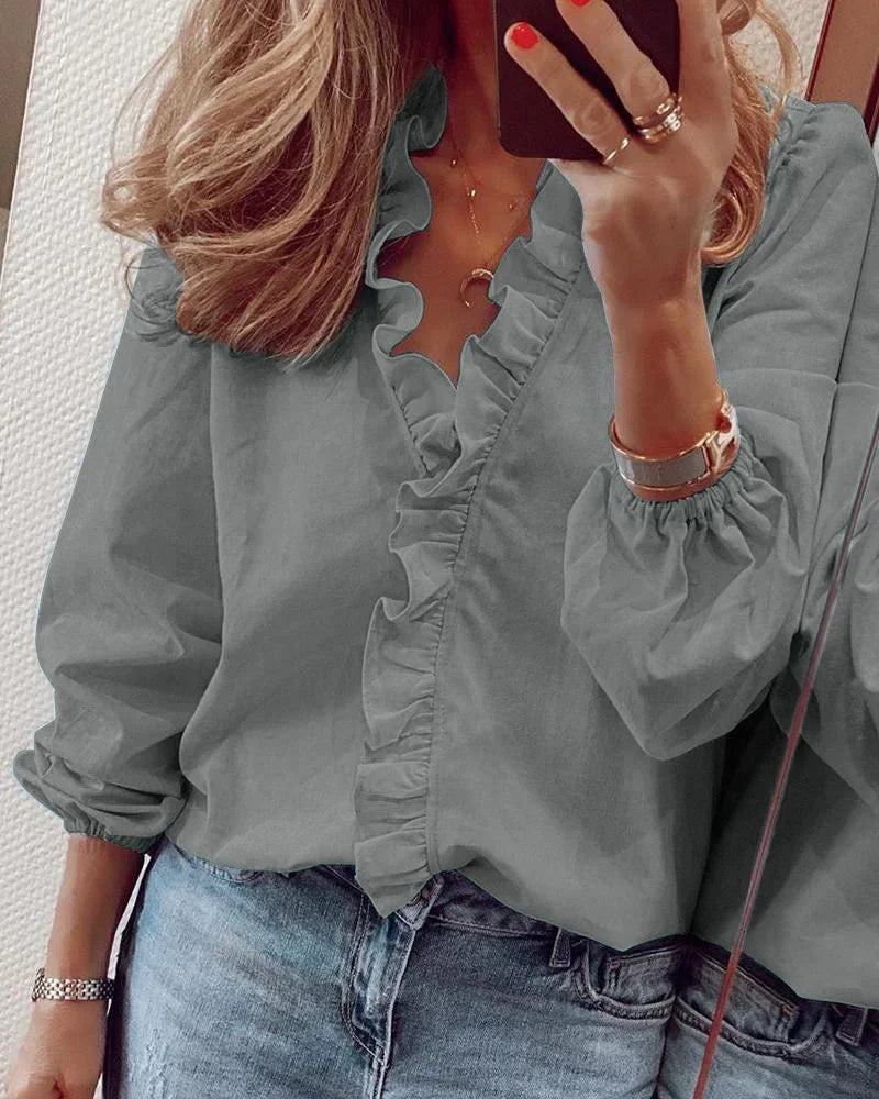 Women's Long Sleeve Blouse | Ruffle Trim & V-Neck