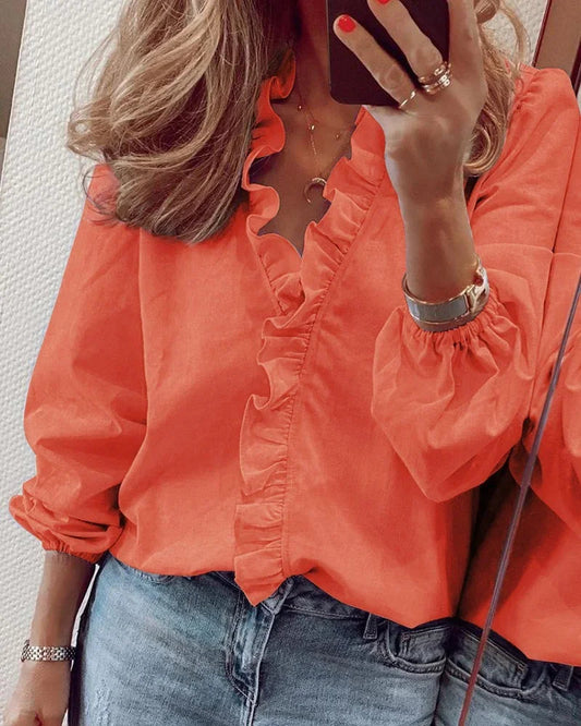 Women's Long Sleeve Blouse | Ruffle Trim & V-Neck