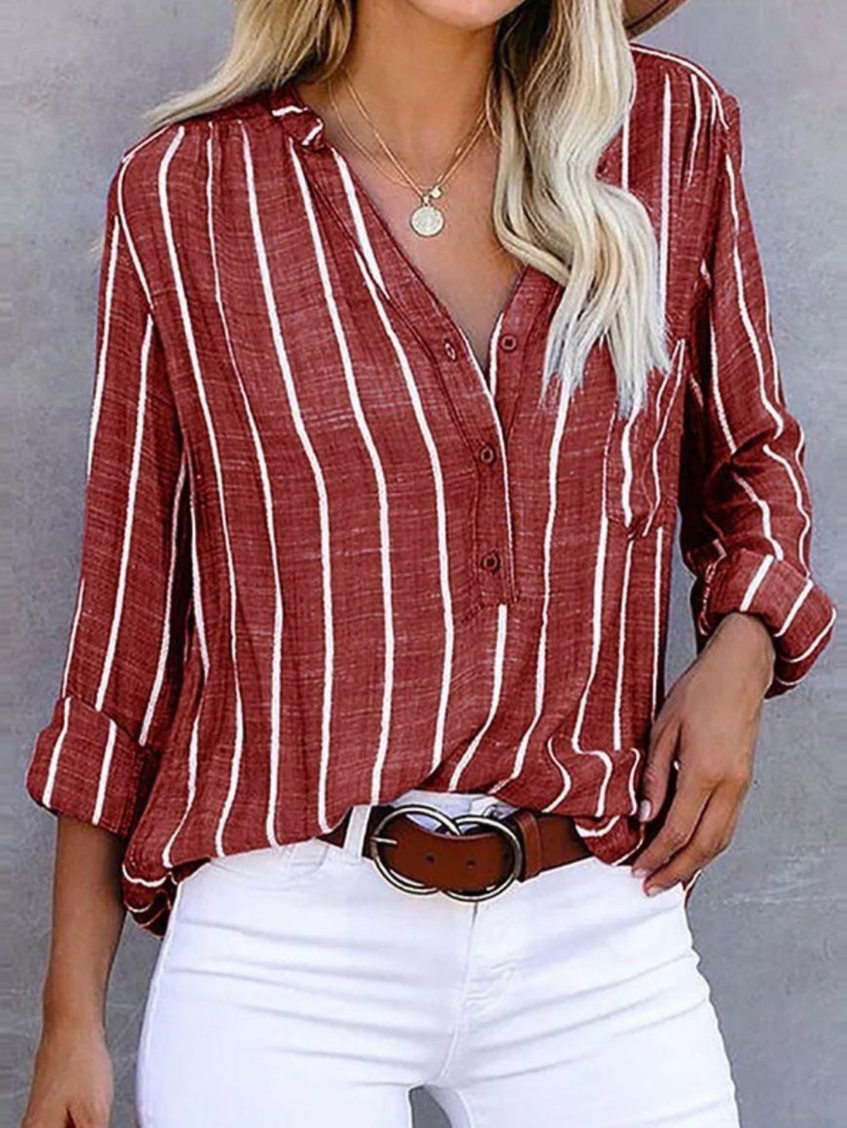 Women's Long Sleeve Blouse | Striped Print & V-Neck