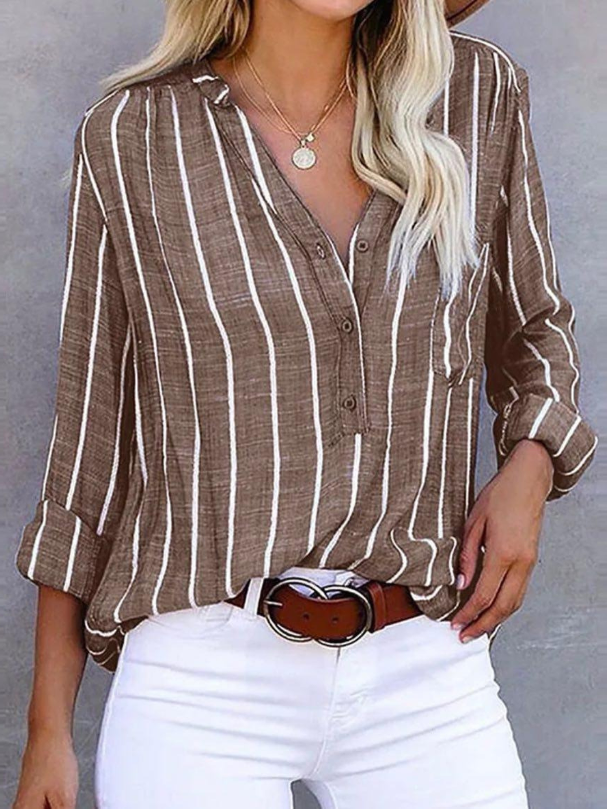 Women's Long Sleeve Blouse | Striped Print & V-Neck