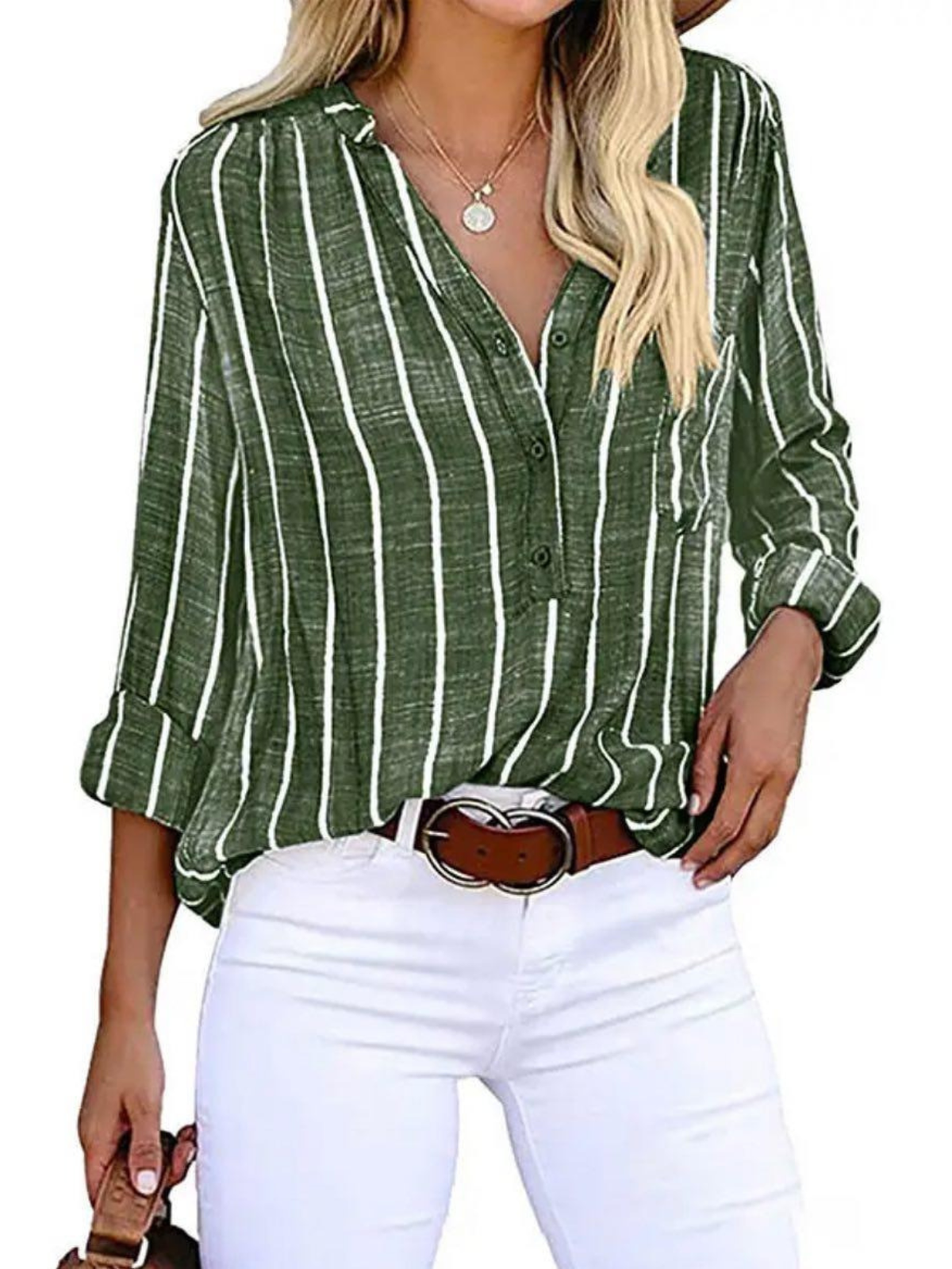 Women's Long Sleeve Blouse | Striped Print & V-Neck