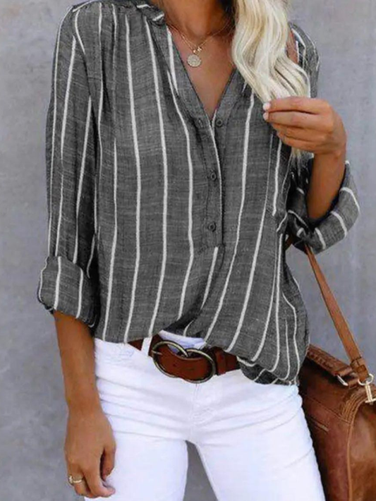 Women's Long Sleeve Blouse | Striped Print & V-Neck
