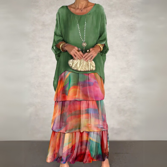 Women's Long Sleeve Dress | Colour Block & Tiered Maxi