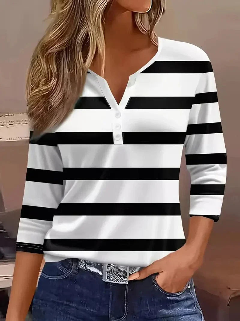 Women's Long Sleeve Top | Striped Print & Button Placket