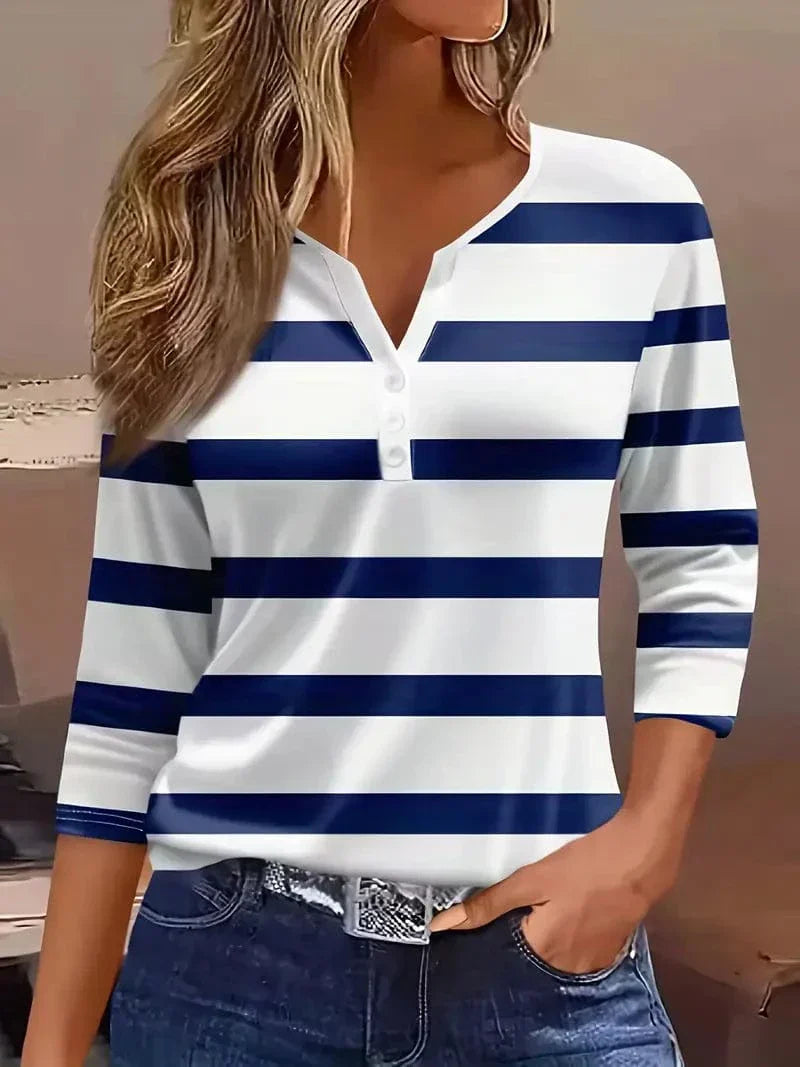 Women's Long Sleeve Top | Striped Print & Button Placket