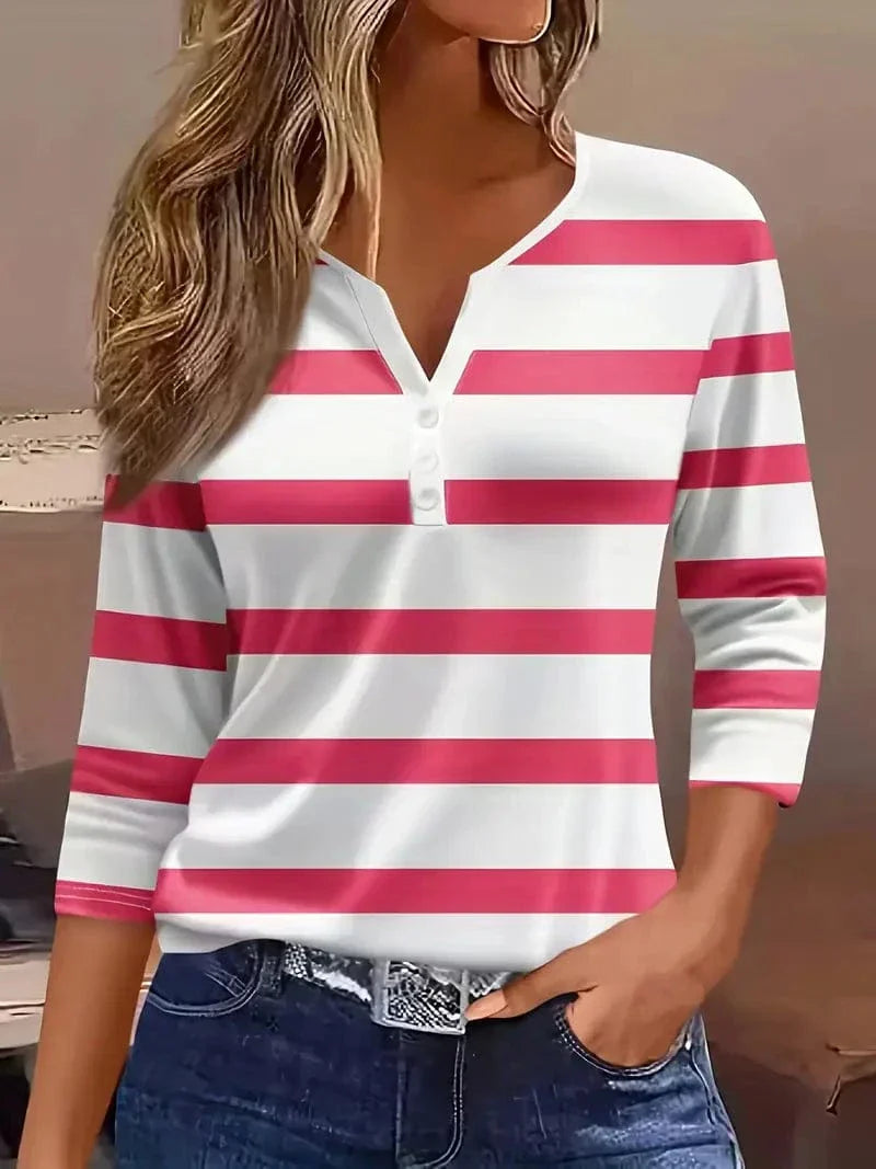 Women's Long Sleeve Top | Striped Print & Button Placket