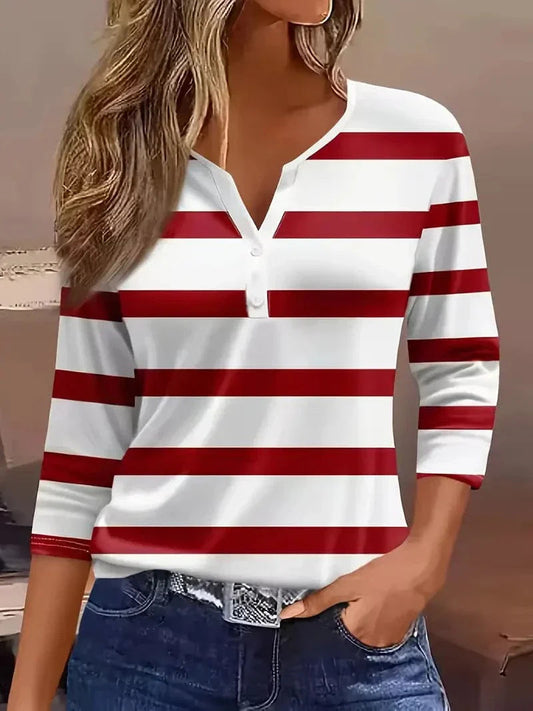 Women's Long Sleeve Top | Striped Print & Button Placket