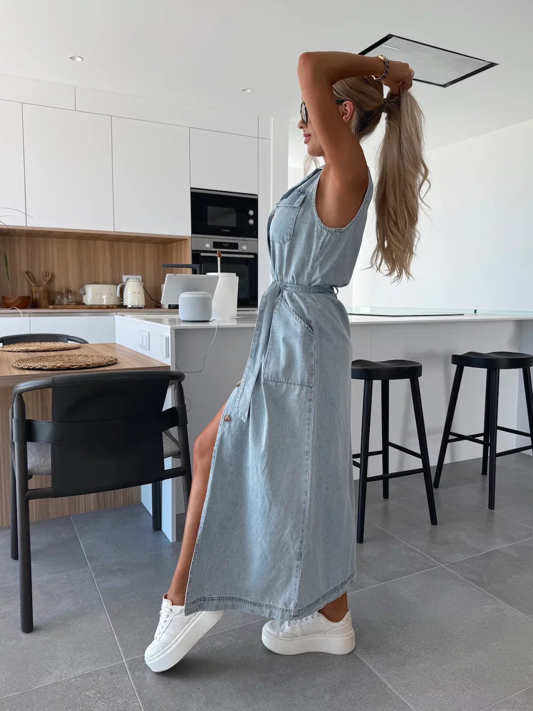 Women's Maxi Denim Dress | Sleeveless Button-Through & Belted Waist