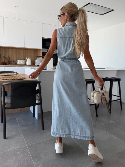 Women's Maxi Denim Dress | Sleeveless Button-Through & Belted Waist