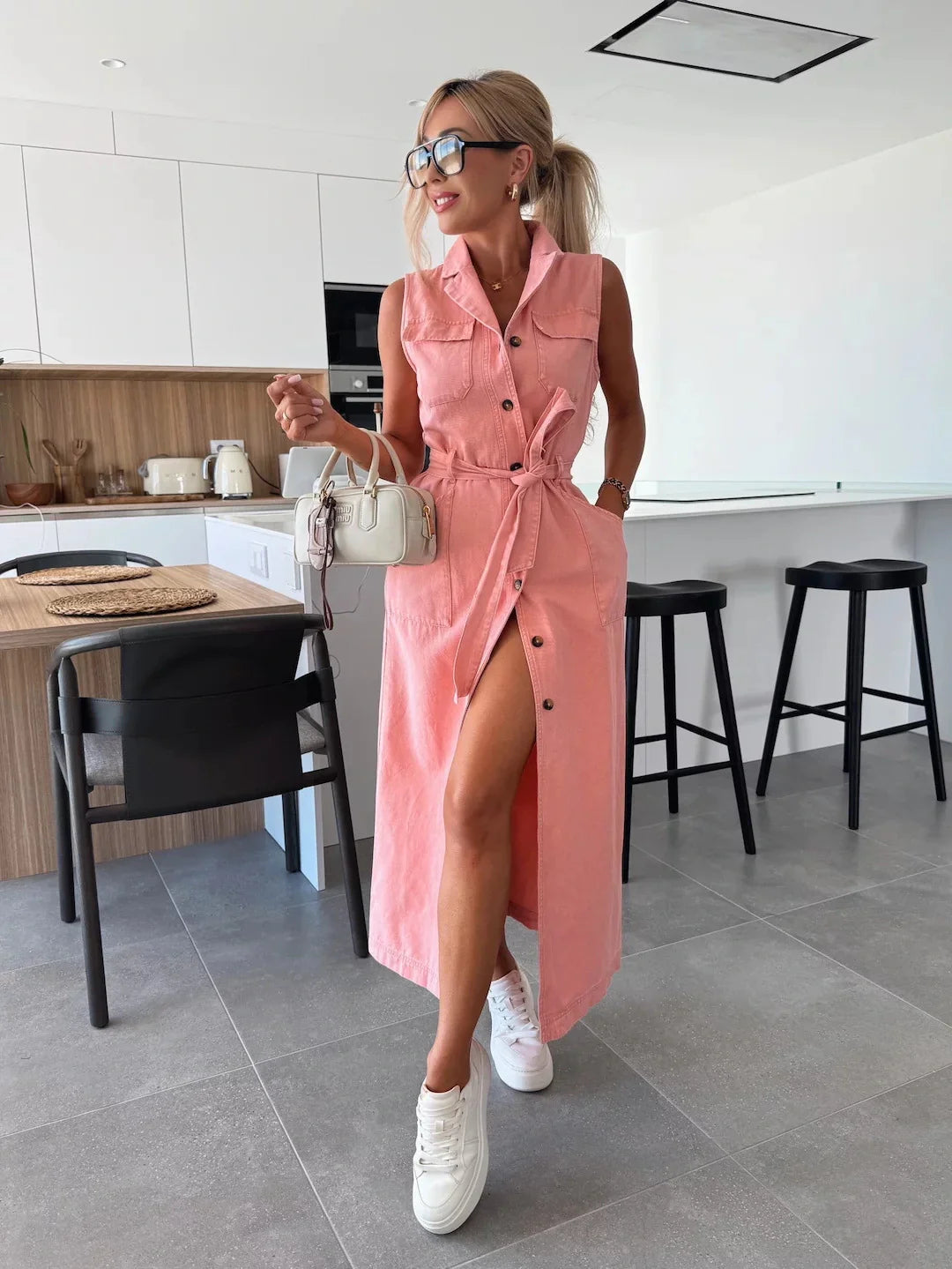 Women's Maxi Denim Dress | Sleeveless Button-Through & Belted Waist