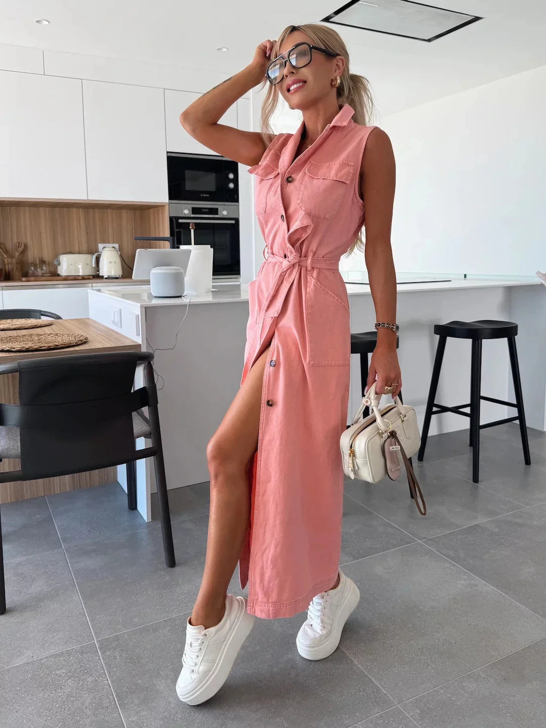 Women's Maxi Denim Dress | Sleeveless Button-Through & Belted Waist