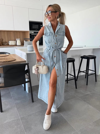 Women's Maxi Denim Dress | Sleeveless Button-Through & Belted Waist