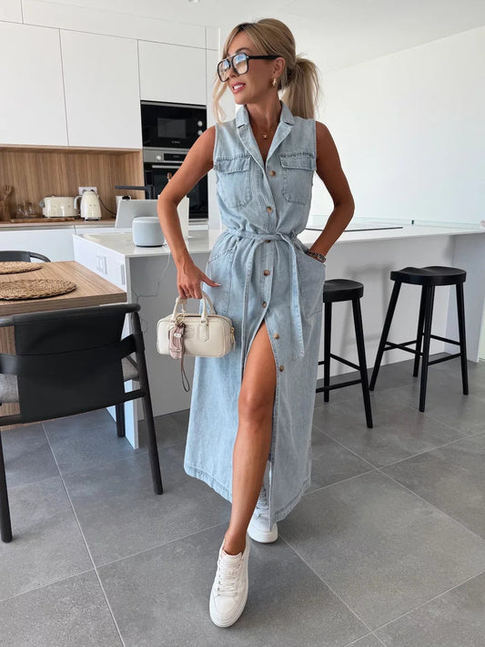 Women's Maxi Denim Dress | Sleeveless Button-Through & Belted Waist