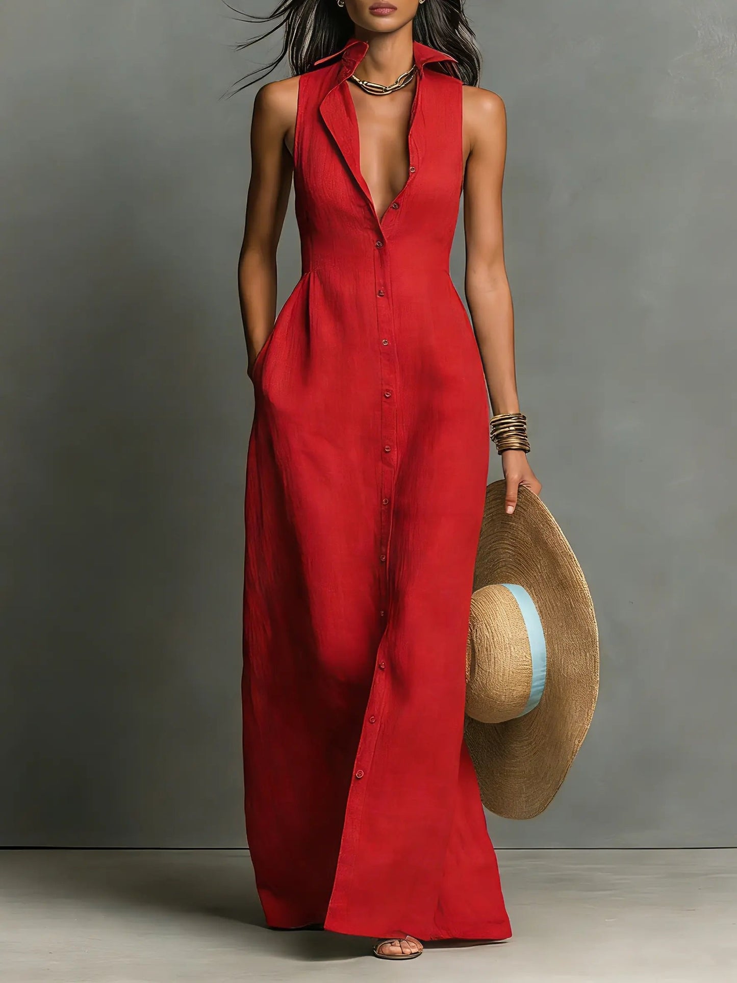 Women's Maxi Dress | Button-Front & Sleeveless Comfort