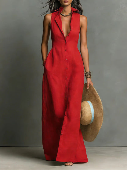 Women's Maxi Dress | Button-Front & Sleeveless Comfort