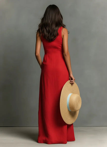 Women's Maxi Dress | Button-Front & Sleeveless Comfort