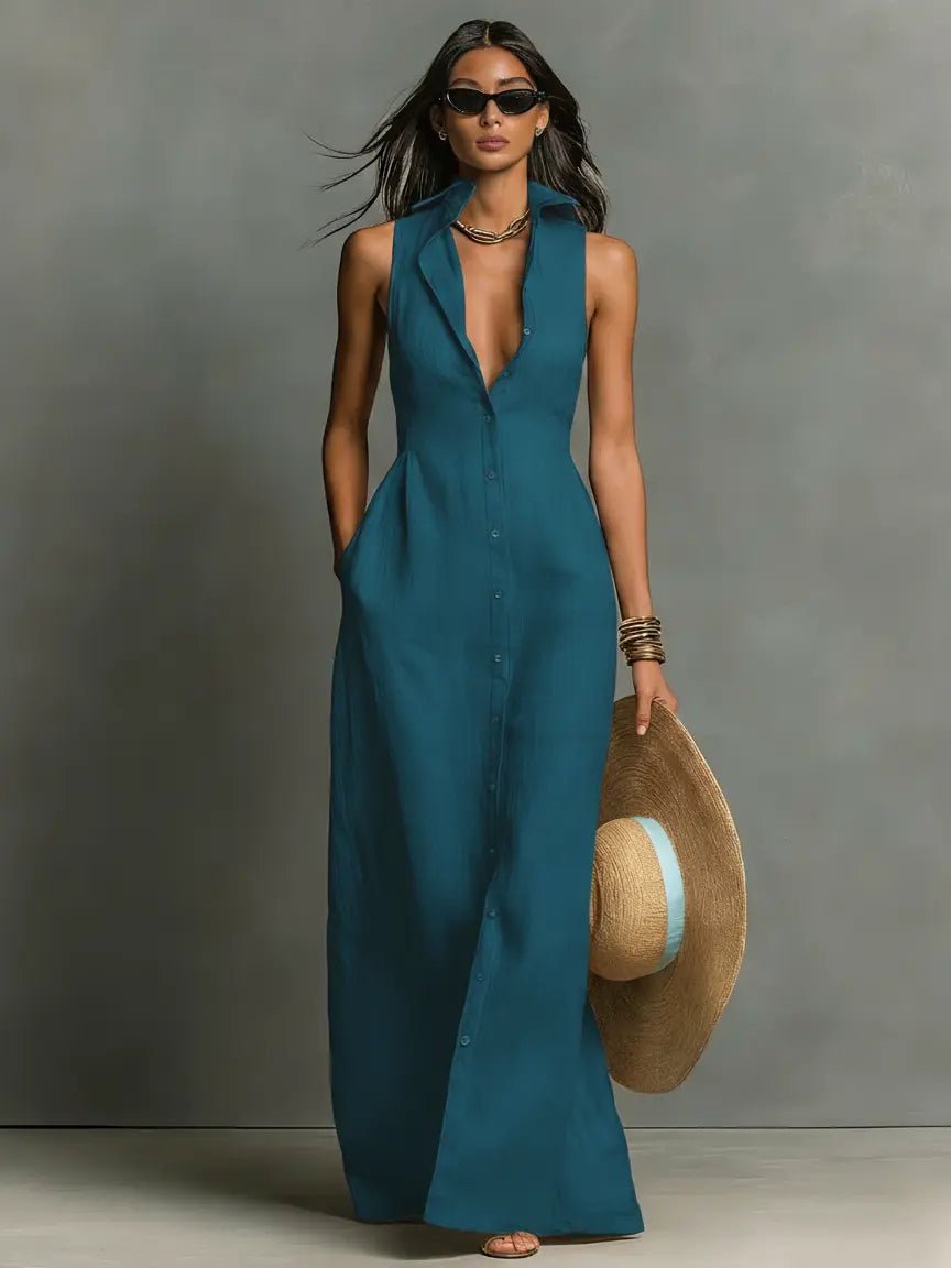 Women's Maxi Dress | Button-Front & Sleeveless Comfort