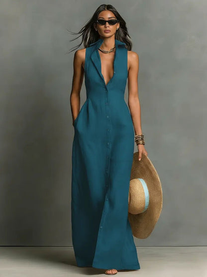 Women's Maxi Dress | Button-Front & Sleeveless Comfort