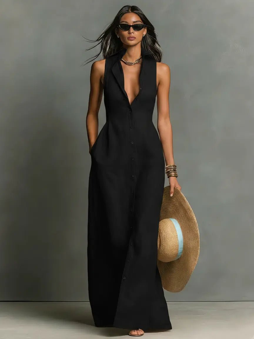 Women's Maxi Dress | Button-Front & Sleeveless Comfort