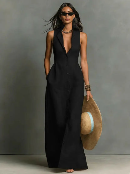 Women's Maxi Dress | Button-Front & Sleeveless Comfort