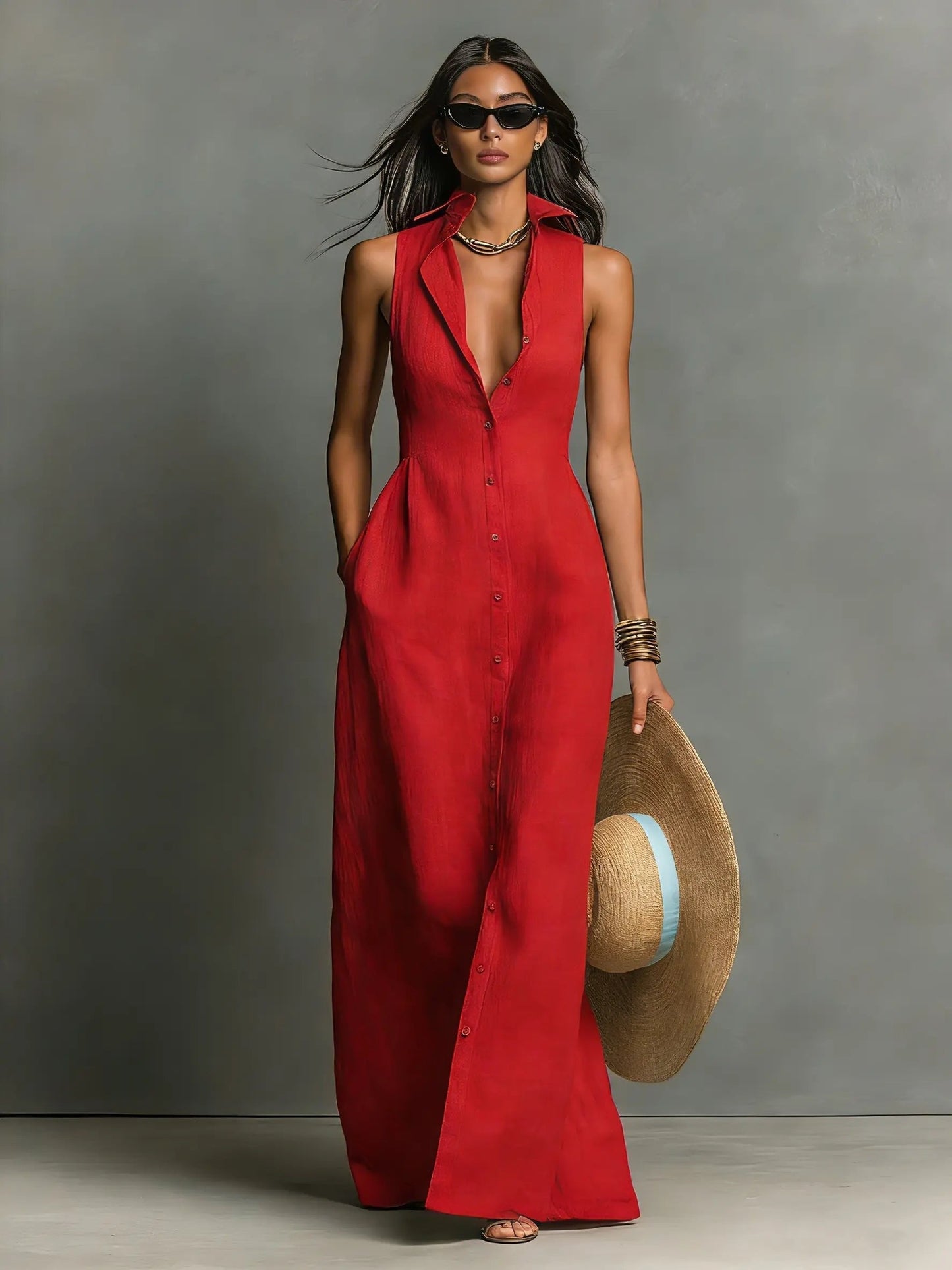 Women's Maxi Dress | Button-Front & Sleeveless Comfort