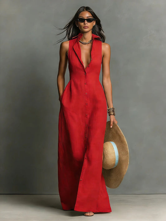 Women's Maxi Dress | Button-Front & Sleeveless Comfort