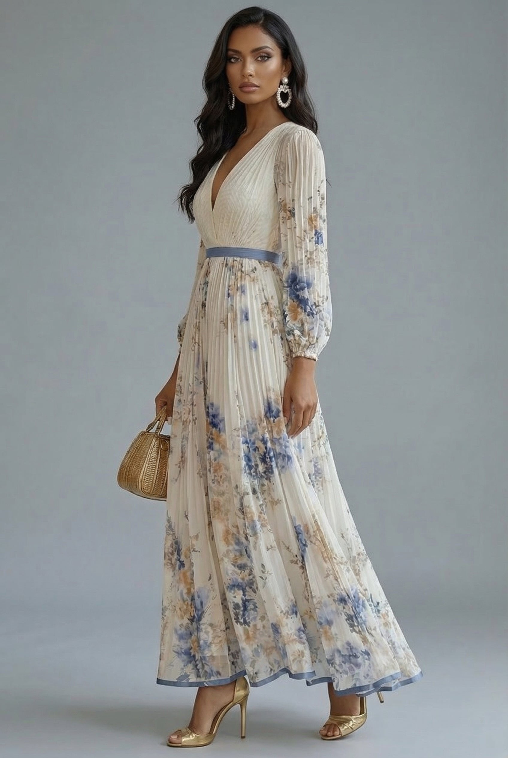 Women's Maxi Dress | Deep V-Neck Pleated Design