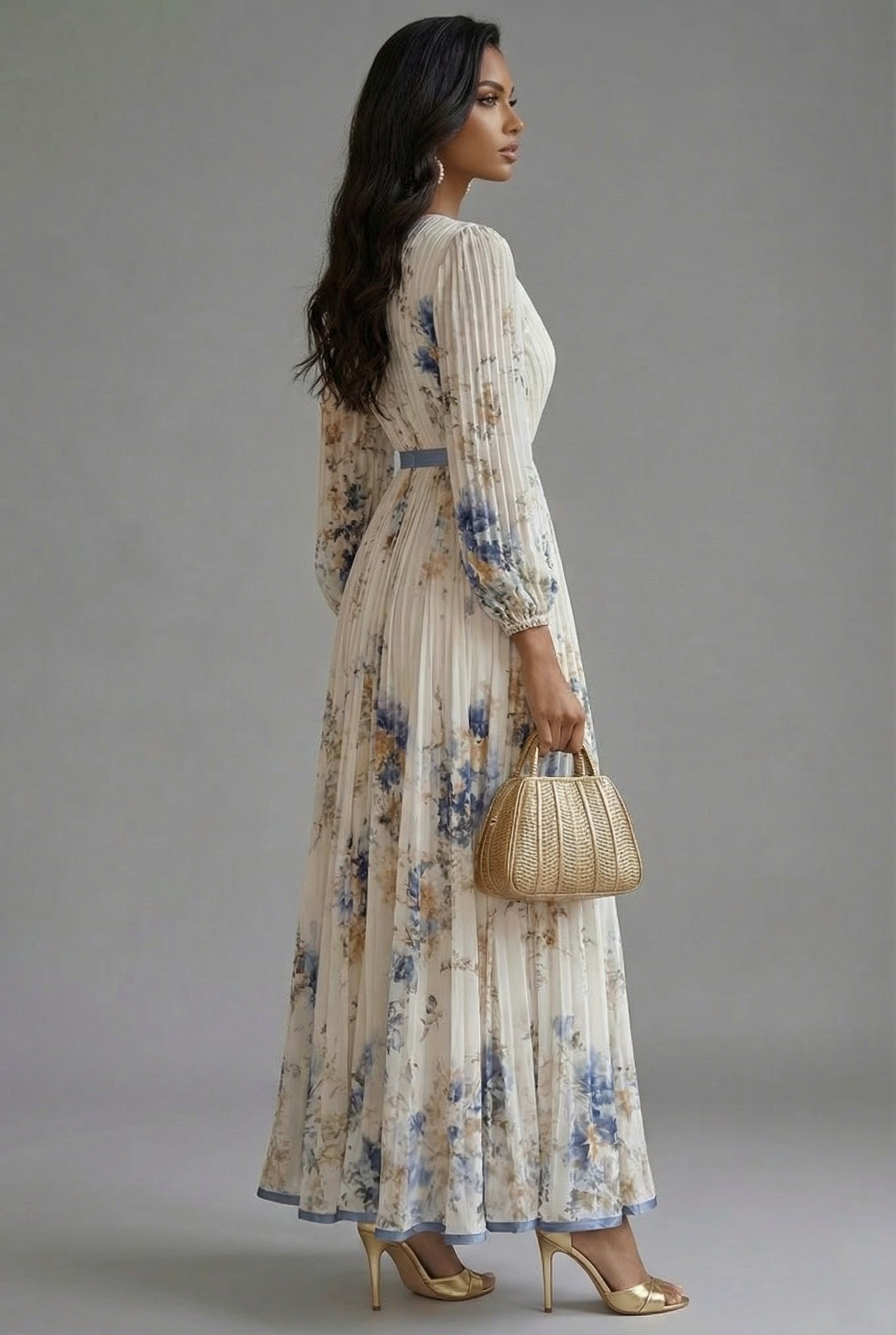 Women's Maxi Dress | Deep V-Neck Pleated Design