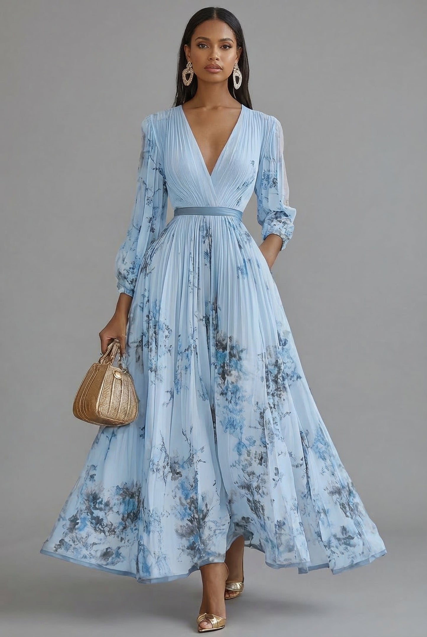 Women's Maxi Dress | Deep V-Neck Pleated Design
