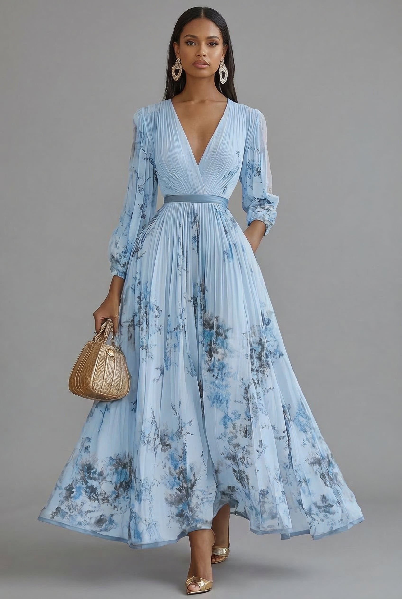 Women's Maxi Dress | Deep V-Neck Pleated Design