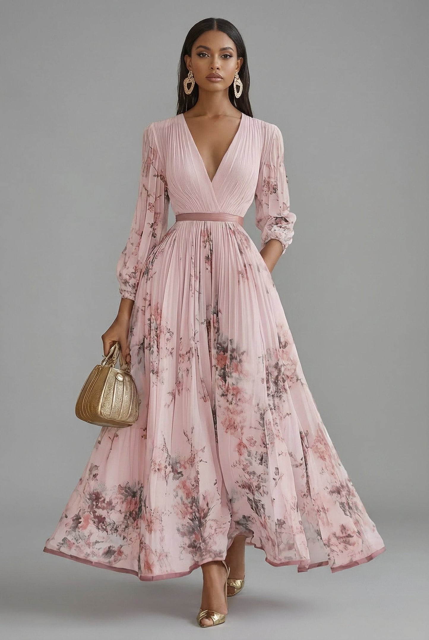 Women's Maxi Dress | Deep V-Neck Pleated Design